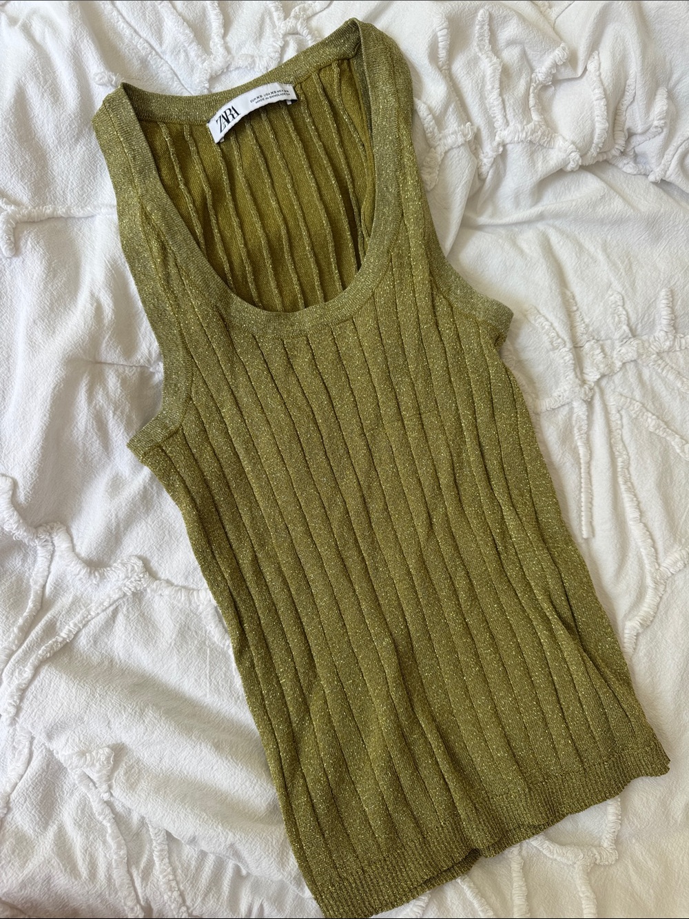 ZARA Olive Green Ribbed Metallic Tank Top